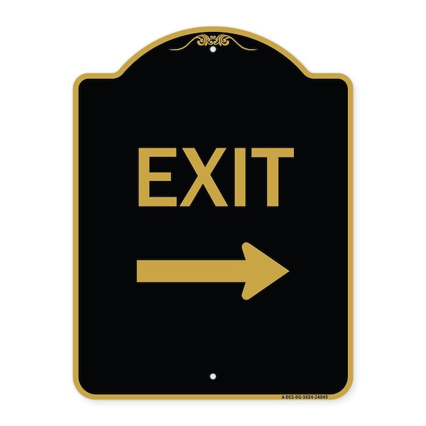 Designer Series Exit W/ Right Arrow 3, Black & Gold Aluminum Sign, 18" H, 24" L, BG-1824-24045